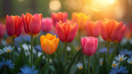 夕日に照らされたチューリップ