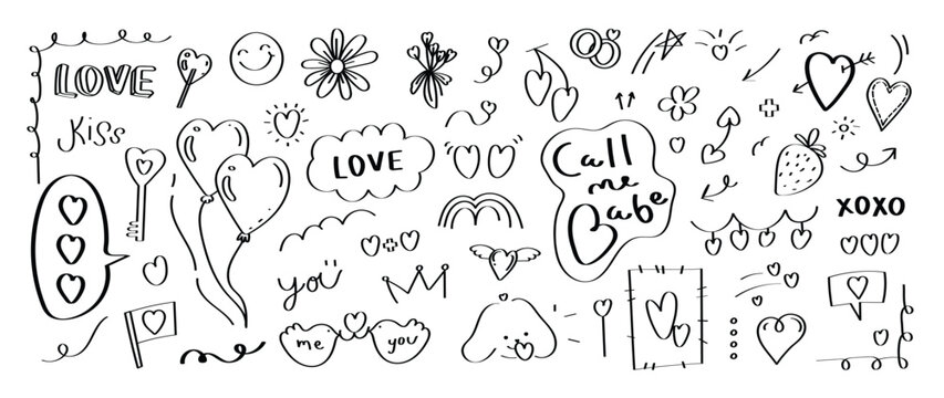 Set of valentine doodle element vector. Hand drawn doodle style collection of heart, balloon, arrow, speech bubble, key, dog, flower. Design for print, cartoon, decoration, sticker, clipart. 