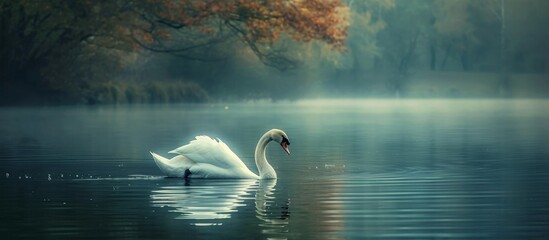 A serene lake with trees reflects a graceful swan gliding through the water, surrounded by the natural beauty of the landscape.
