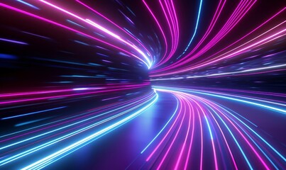 Abstract black background with pink and blue neon glowing lines that extend into the distance, moving through a tunnel to the right. 3d render motion speed of light and hypertunnel. Generative AI