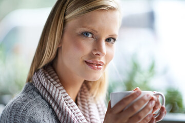 Coffee shop, smile and portrait of woman with drink, caffeine beverage and cappuccino for aroma. Happy, relax and person with mug in restaurant, cafe and diner for breakfast, satisfaction or wellness