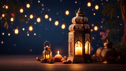 Radiant Ramadan: Candlelit Mosque in Desert Night - 4K Ultra Wide View with Arabic Lantern Vibes