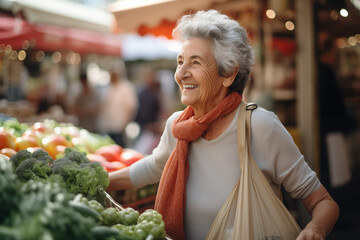 elderly lady shopping for vegetables at market fair