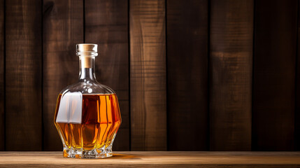 Whiskey with ice or brandy or rum in glass on rustic background. Whiskey or brandy. Selective focus. Rum with ice on wooden background. - obrazy, fototapety, plakaty
