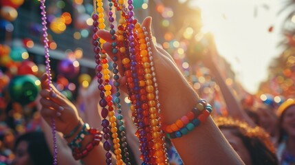 Energetic scenes of participants tossing strings of colorful beads to cheering onlookers during Mardi Gras festivities