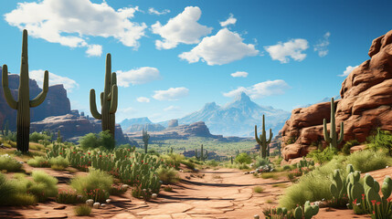 Fototapeta premium Desert landscape with cactus and rock formations at sunset.