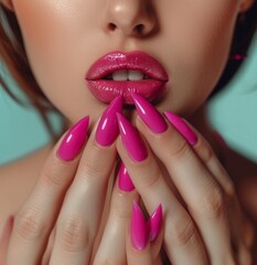 Naklejka premium beautiful woman with bright pink nails holding hands