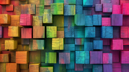 Colorful wooden background slat of different bright colors and copy space. Colorful wooden block background. Abstract vibrant color stack wooden 3d cubes, wood texture for backdrop