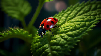 Fototapeta premium Colorful Spotted Beetle on Leaf in Nature. Generative AI