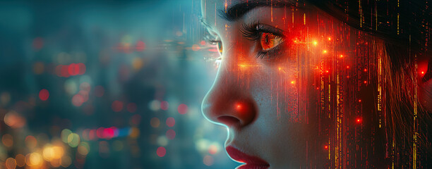 A close-up of a girl face overlaid with vibrant digital data streams, set against a blurred cityscape. A fusion of humanity and technology. Ideal for website headers or banners with a cyberpunk theme. - obrazy, fototapety, plakaty