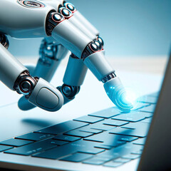Robot hand touching the keyboard of laptop. 3D rendering.
