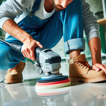 Worker polishing the floor with a polishing machine. Home improvement.