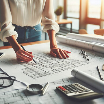 Cropped image of female architect working on blueprint at workplace in office
