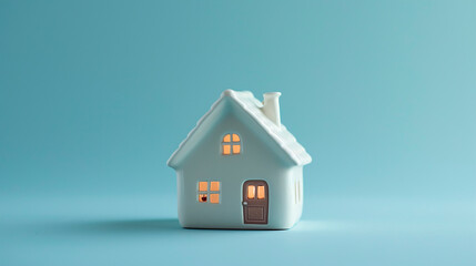  a small toy house on a light blue background