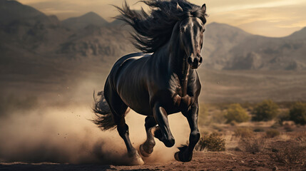 Sunset Majesty: a Majestic Mustang Horse in a Countryside Landscape. Generative AI