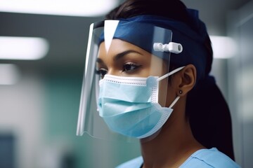 Fototapeta na wymiar cropped shot of an attractive young female doctor wearing a face mask while working in her lab
