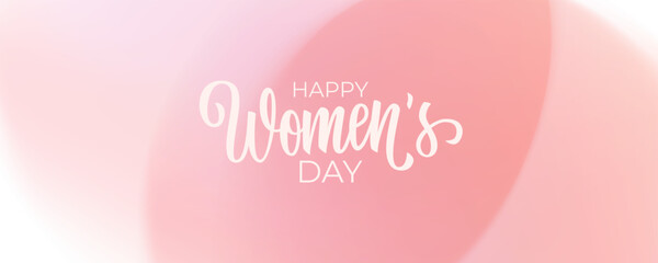 Happy Women's Day festive banner with hand lettering and soft pink blurred gradient background. Vector illustration.	 - obrazy, fototapety, plakaty