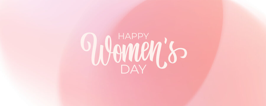 Happy Women's Day festive banner with hand lettering and soft pink blurred gradient background. Vector illustration.	