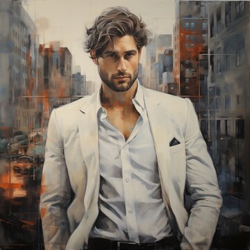 Oil painting of a young man in a city, bold brush strokes