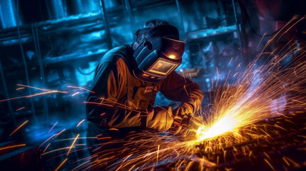 a welder in a welding mask welding a piece of metal with sparks in the air and a blue background, generative ai