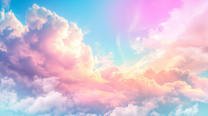Surreal Pastel Skyscape: Dreamy Clouds in Soft Pink and Blue Hues, Ethereal Watercolor Sky Gradient, Heavenly and Peaceful Atmosphere for Mindful Relaxation and Creative Inspiration - obrazy, fototapety, plakaty