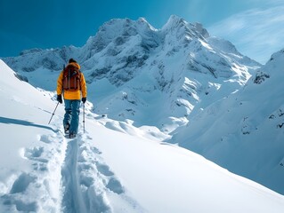 Naklejka na ściany i meble Snowboarder walking in the Swiss Alps