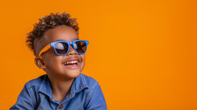 Horizontal image of funny surprised happy black little boy in round glasses and blue t-shirt. Portrait of boy with glasses.
