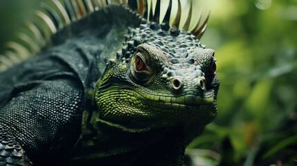 Obraz premium Exotic Iguana in Natural Greenery: Close-up of a Happy Lizard in Wildlife. Generative AI