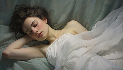Serenity fills the air as a young and beautiful woman finds solace in her bed, enveloped in peaceful rest and rejuvenation.