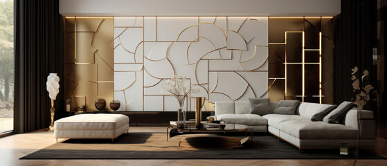 Gold and white living room organic, backlit black square panels with golden rims on the wall in a royalcore theme living room futuristic. Generative AI