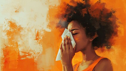 Detailing the experience of illness, a woman with flu or allergic symptoms coughs and blows her nose at home, depicting the struggle and discomfort of being unwell. - obrazy, fototapety, plakaty