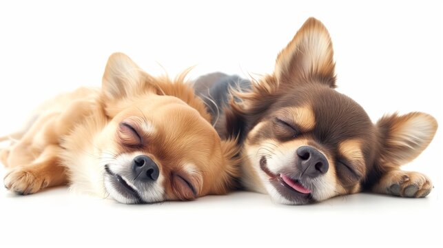 A banner with two sleep chihuahua dogs lying on a white background. Studio photo with puppies.