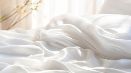 Crumpled white bed blanket. Flat lay style. Home textiles. Comfort concept - 731562558