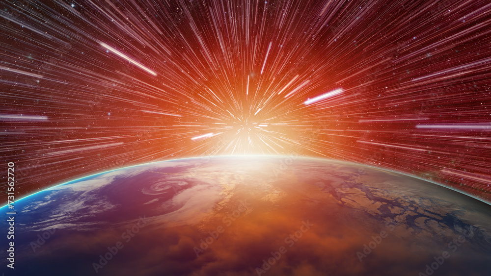 Aufkleber Abstract flight in space hyper jump  illustration - Planet Earth with a spectacular sunset 