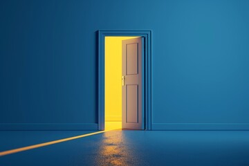 3d render, yellow light going through the open door isolated on blue background. Architectural design element. Modern minimal concept. Opportunity, Generative AI