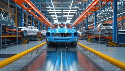 Fototapeta premium Efficiency meets innovation as robots work seamlessly on a production line, meticulously assembling components to craft a car with precision and speed.