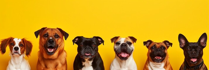 A banner with portrait of happy dogs on a yellow background. Studio photo with puppies, copy space.