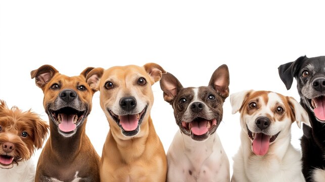 A banner with portrait of happy dogs on a white background. Studio photo with puppies.