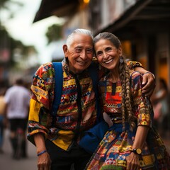 Naklejka premium Portrait of old couple in colombian flag colors traditional dress 