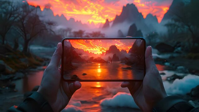 A traveler using a mobile phone take a landscape photo