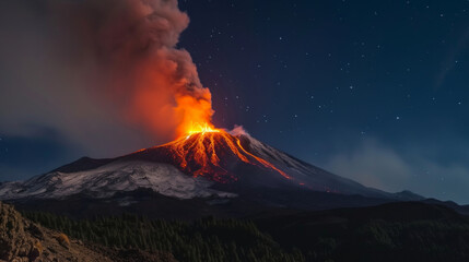 Night eruption of the volcano of fire. Scenic view of volcanic mountain against sky. Beautiful aerial cinematic footage of the lava exploding
