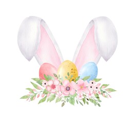 Watercolor Easter Bunny ears with flowers and eggs isolated on white background. - 731565107