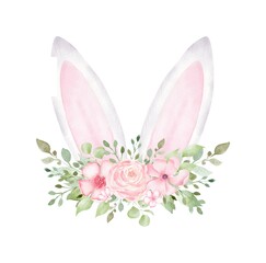 Watercolor Easter Bunny ears with flowers isolated on white background.