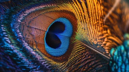 The iridescent sheen of a peacock feather, magnified to show intricate patterns and colors