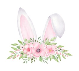 Watercolor Easter Bunny ears with flowers isolated on white background. - 731565350