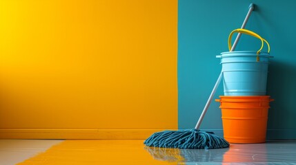 Minimalistic compositions featuring mops and buckets, creating a sense of clarity and freshness - obrazy, fototapety, plakaty