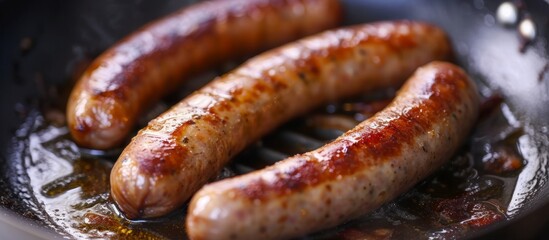 Three sausages, including Mettwurst, Knackwurst, and Cervelat, sizzle in a frying pan, creating a delicious aroma.