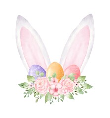 Watercolor Easter Bunny ears with flowers and eggs isolated on white background.