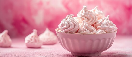 A pink table adorned with a bowl of meringue, a delightful baked goods dish made with cream and buttercream.
