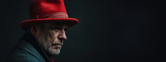 Elderly trendy gray-haired mustache bearded man 50s in turtleneck red hat isolated on black background studio portrait. People lifestyle concept - obrazy, fototapety, plakaty